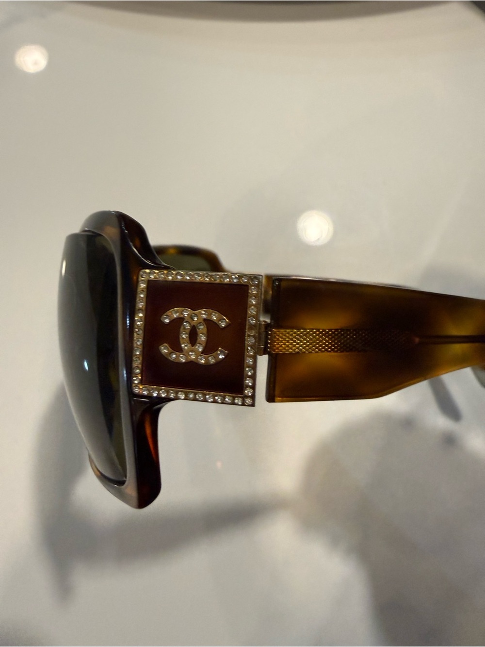 CHANEL Tortoiseshell Sunglasses with Crystal CC Accent - Brown